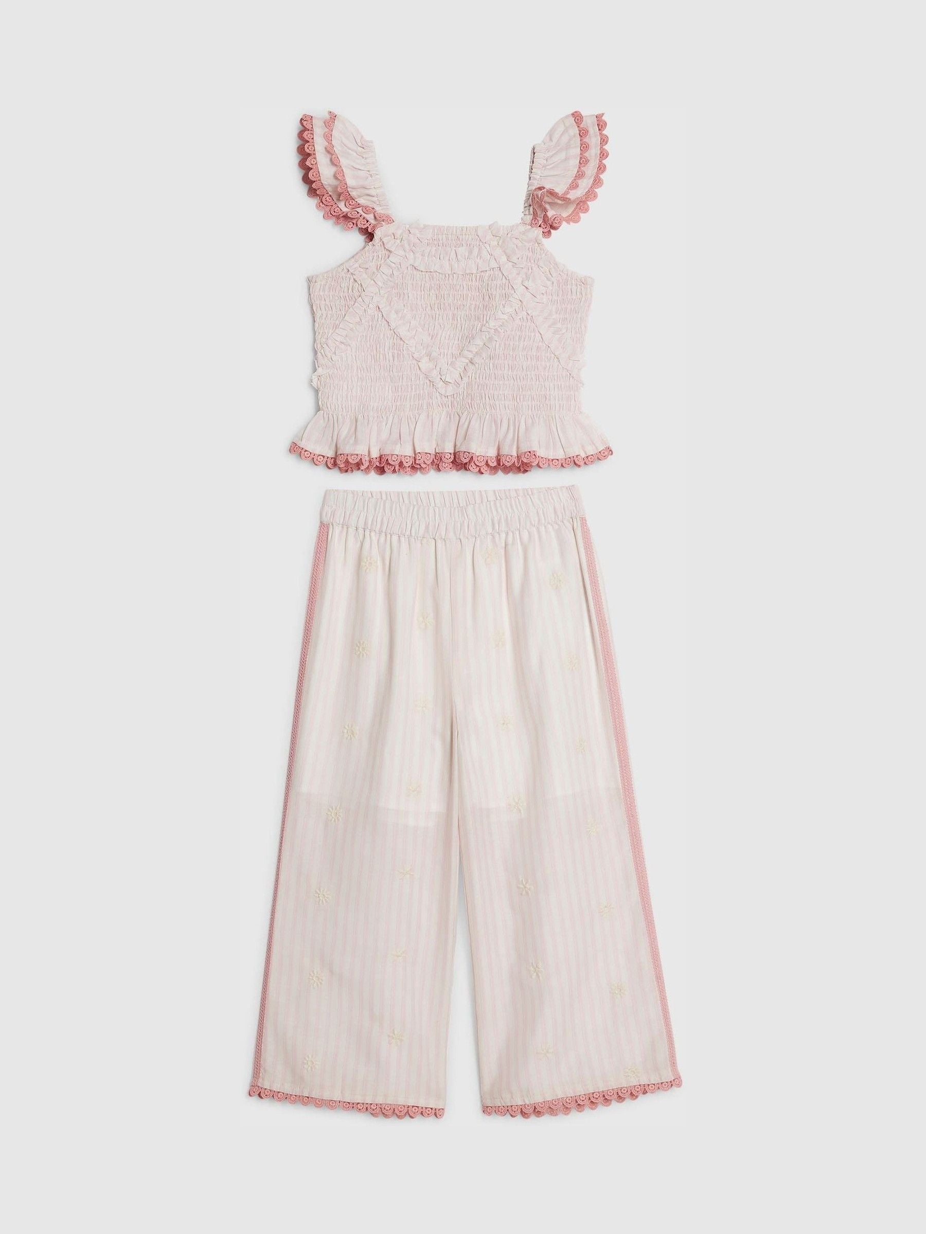 River Island Pink Stripe Frill Top & Frill Trousers Set image 1