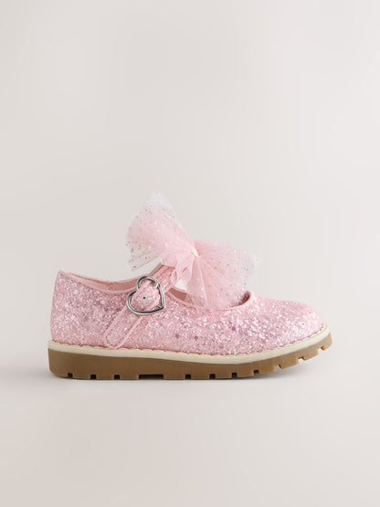 Pink Glitter Wide Fit (G) Chunky Bow Mary Jane Shoes image 2