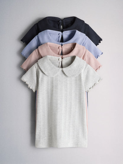 Dsiney Kidz - The Set 4 Pack Jersey Pointelle Short Sleeve Collared Tops Blue/Pink/Cream/Grey Marl image 1