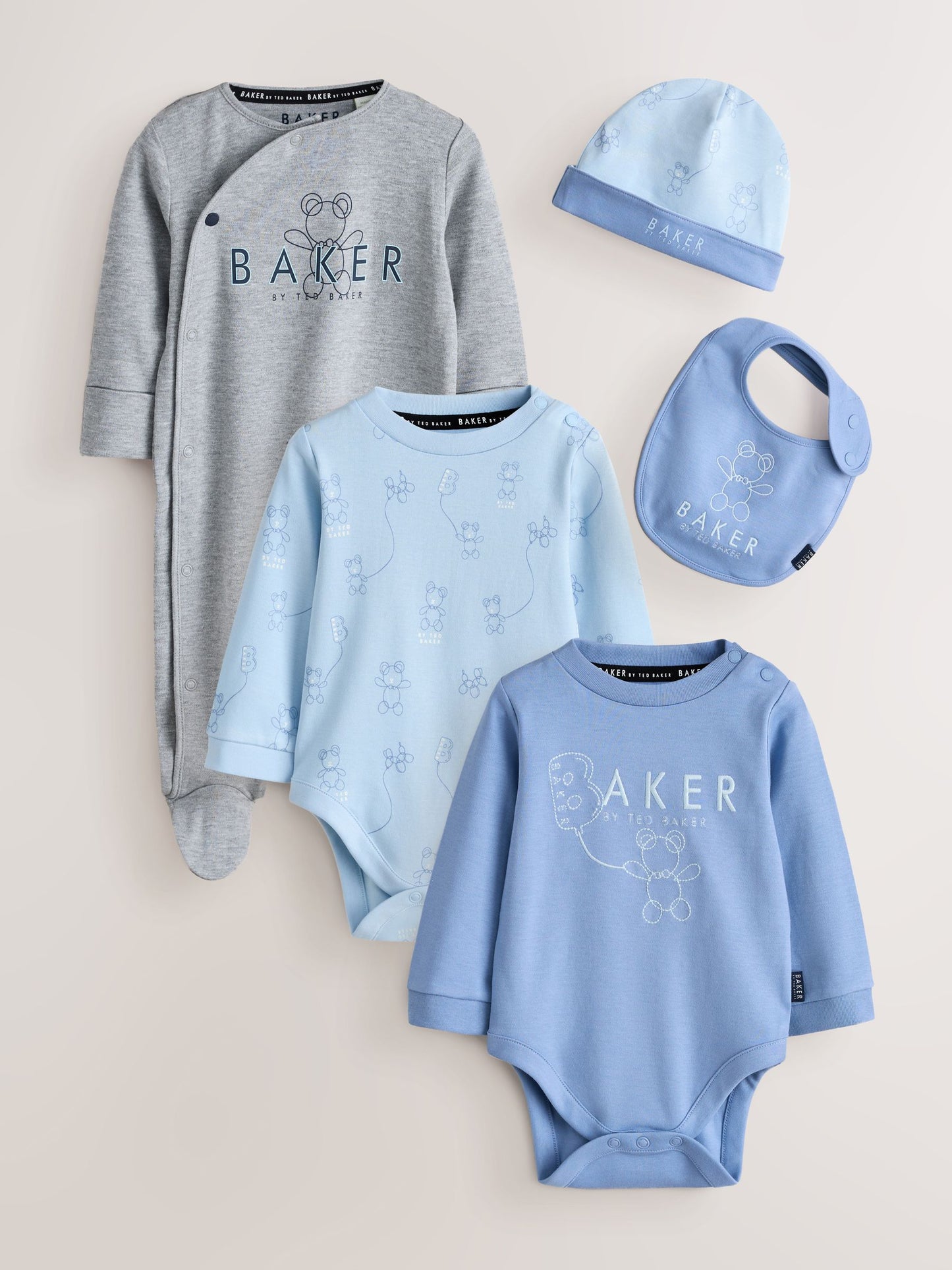 Baker by Ted Baker Blue 5 Piece Sleepsuit, Bodysuit, Hat and Bib Set image 1