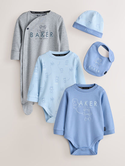 Baker by Ted Baker Blue 5 Piece Sleepsuit, Bodysuit, Hat and Bib Set image 1