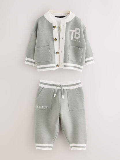 Dsiney Kidz - Baker by Ted Baker Green 3 Piece Knitted Varsity Cardigan T-Shirt and Joggers Set 3 Piece image 1