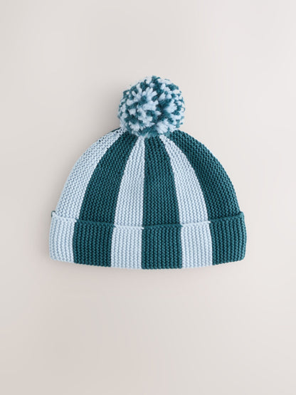 Blue and Teal Stripe Knitted Baby Hat With Pom - image 1