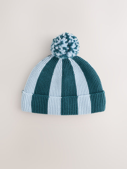 Blue and Teal Stripe Knitted Baby Hat With Pom - image 1