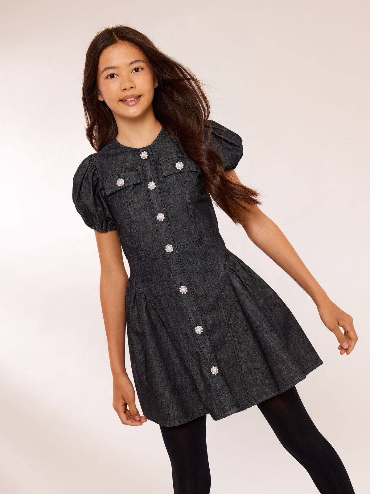 Dsiney Kidz - Lipsy Black Denim Puff Sleeve Diamante Dress (5-16yrs) image 1