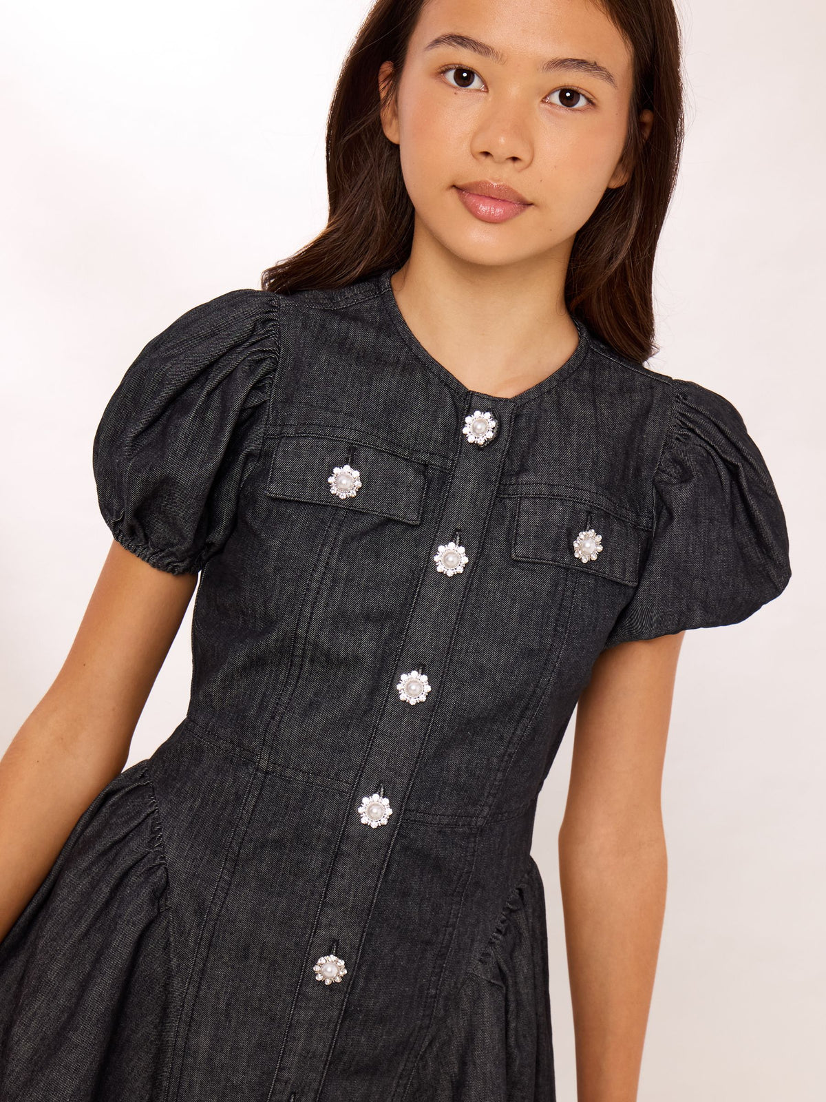 Dsiney Kidz - Lipsy Black Denim Puff Sleeve Diamante Dress (5-16yrs) image 2