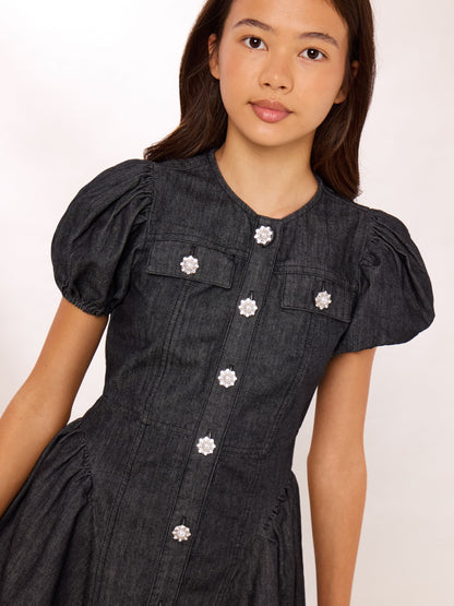 Dsiney Kidz - Lipsy Black Denim Puff Sleeve Diamante Dress (5-16yrs) image 2