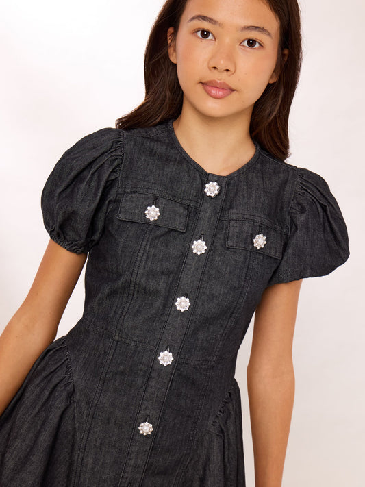 Dsiney Kidz - Lipsy Black Denim Puff Sleeve Diamante Dress (5-16yrs) image 2