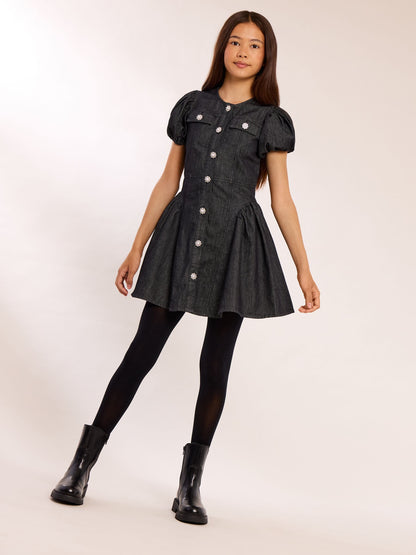 Dsiney Kidz - Lipsy Black Denim Puff Sleeve Diamante Dress (5-16yrs) image 4