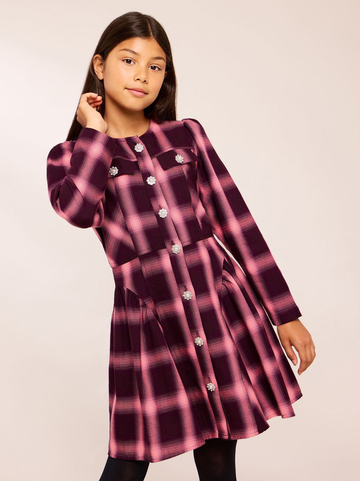Dsiney Kidz - Lipsy Pink Diamante Button Check Dress (5-16yrs) image 1