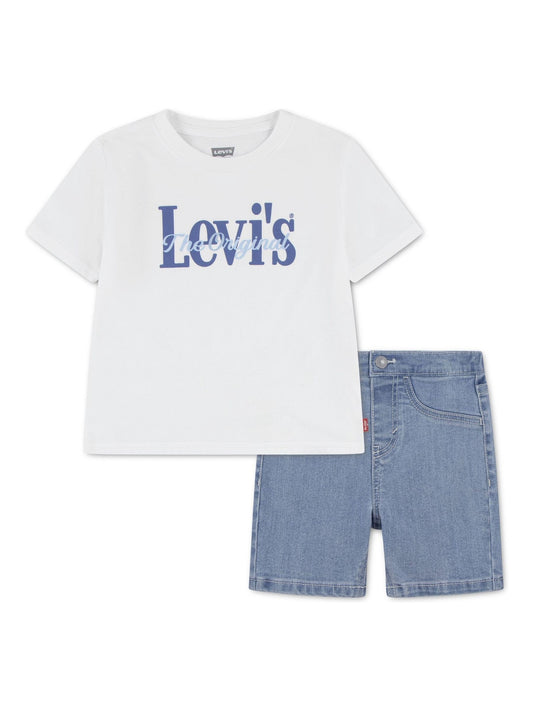 Levi's® White Baby Logo Short Sleeve T-Shirt and Denim Shorts 2-Piece Set image 1