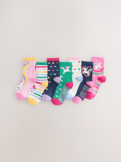 Pink, Green and Navy Blue Cotton Rich Unicorn Ankle Socks 7 Pack image 1