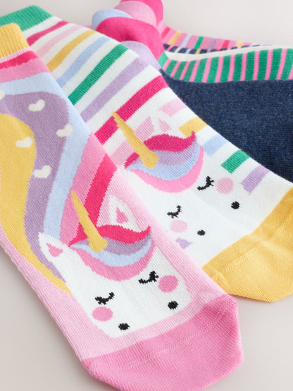 Pink, Green and Navy Blue Cotton Rich Unicorn Ankle Socks 7 Pack image 4