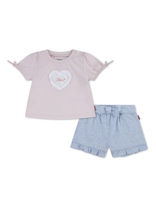 Levi's Pink Bow Short Sleeve T-Shirt and Belted Shorts 2 Piece Set image 1