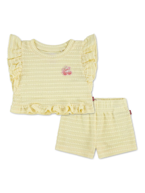 Levi's® Yellow Cowboy Bear Short Sleeve T-Shirt and Pleated Shorts Set 2 Piece image 1