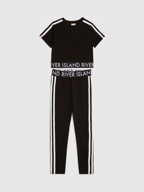 Dsiney Kidz - River Island Black Logo Stripe Top & Leggings Set image 1