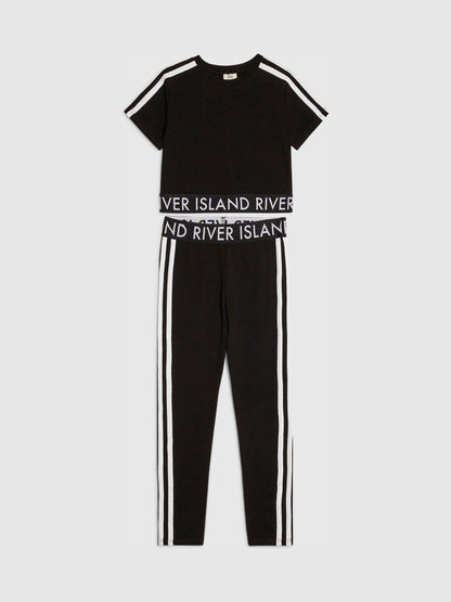 Dsiney Kidz - River Island Black Logo Stripe Top & Leggings Set image 1