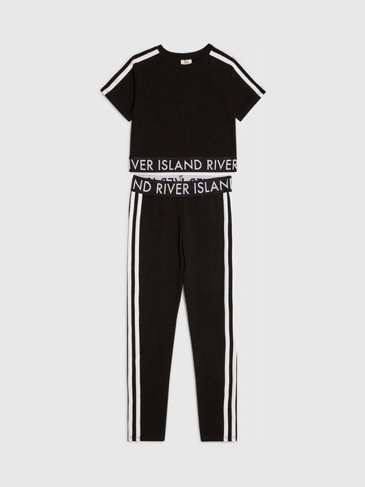 Dsiney Kidz - River Island Black Logo Stripe Top & Leggings Set image 1