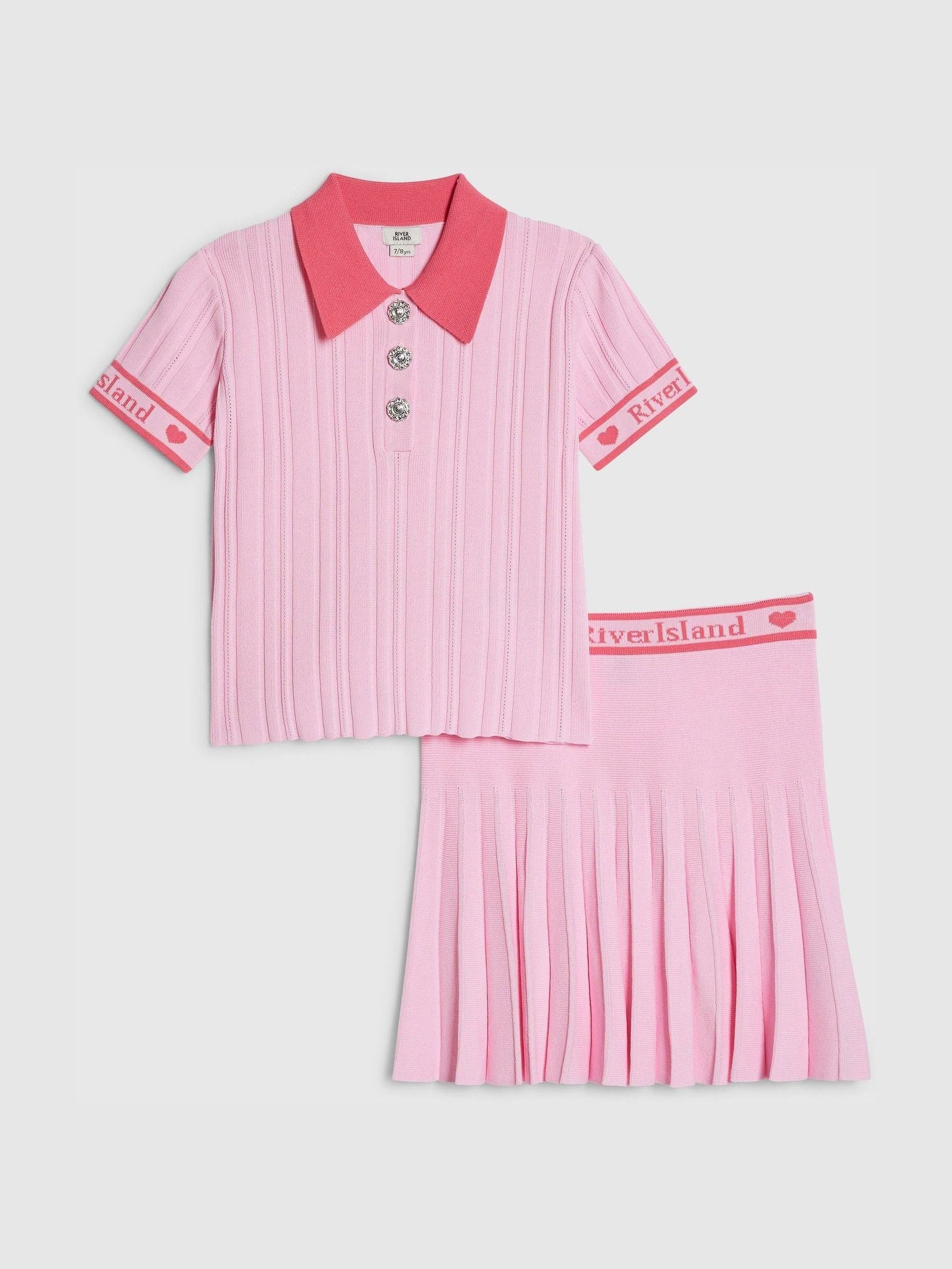 Dsiney Kidz - River Island Pink Rib Polo Top & Skirt Set image 1