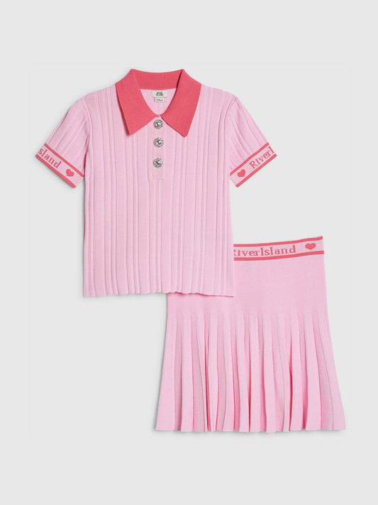 Dsiney Kidz - River Island Pink Rib Polo Top & Skirt Set image 1