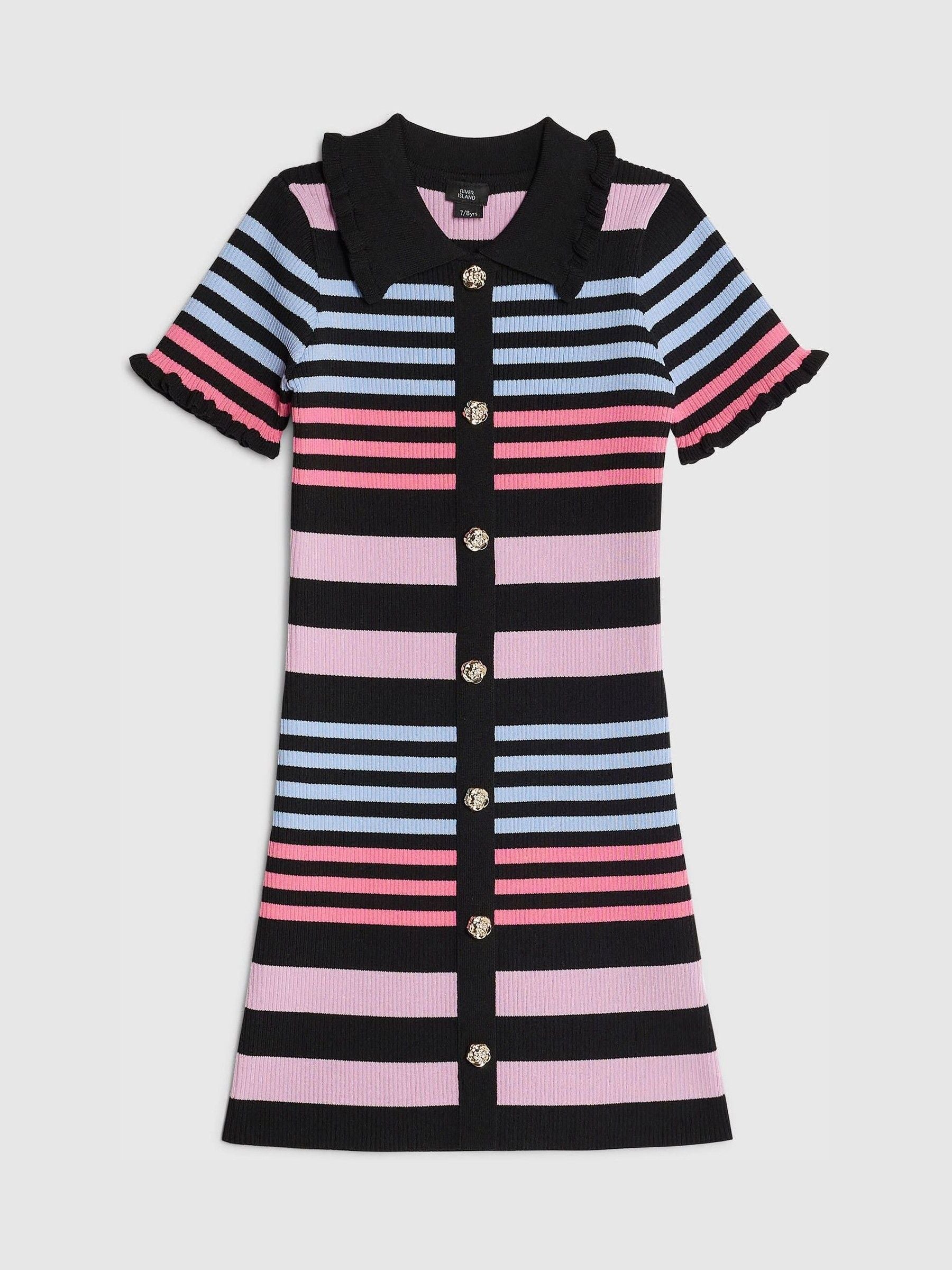 River Island Black Stripe Button Polo Dress image 3