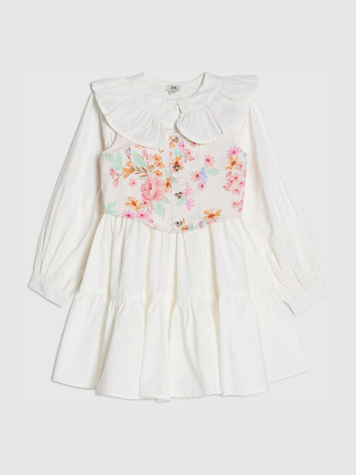 River Island White Frill Collar Floral Waistcoat Dress image 1