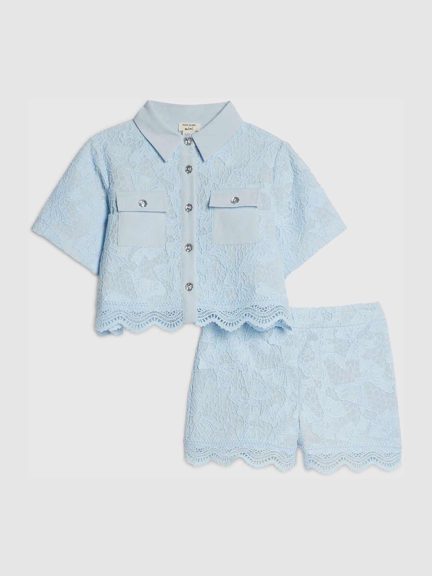 River Island Blue Lace Blouse Shirt & Shorts Set image 1