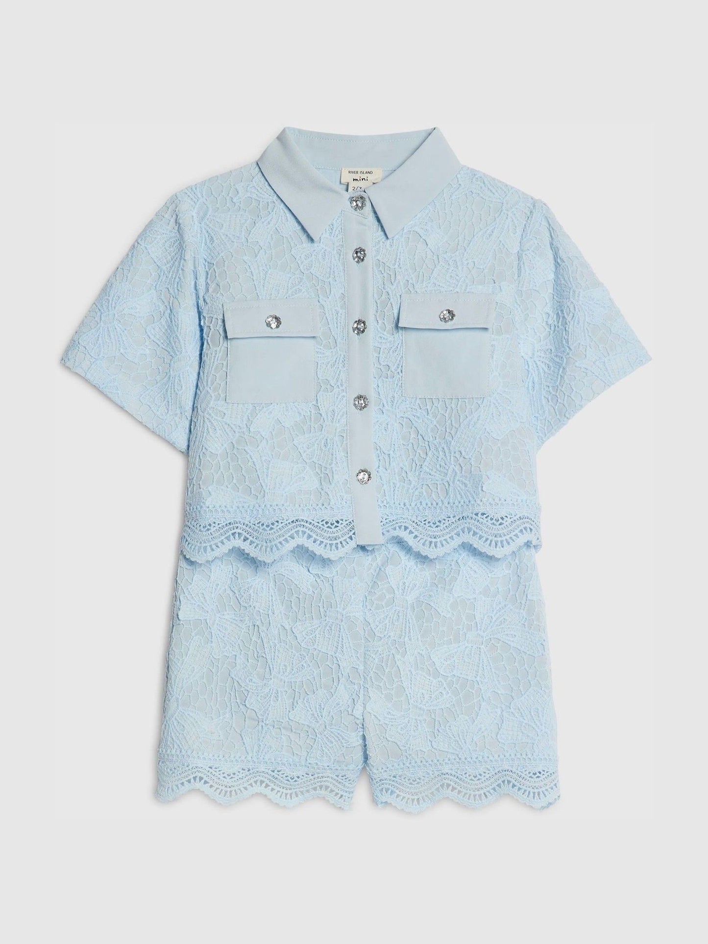 River Island Blue Lace Blouse Shirt & Shorts Set image 3