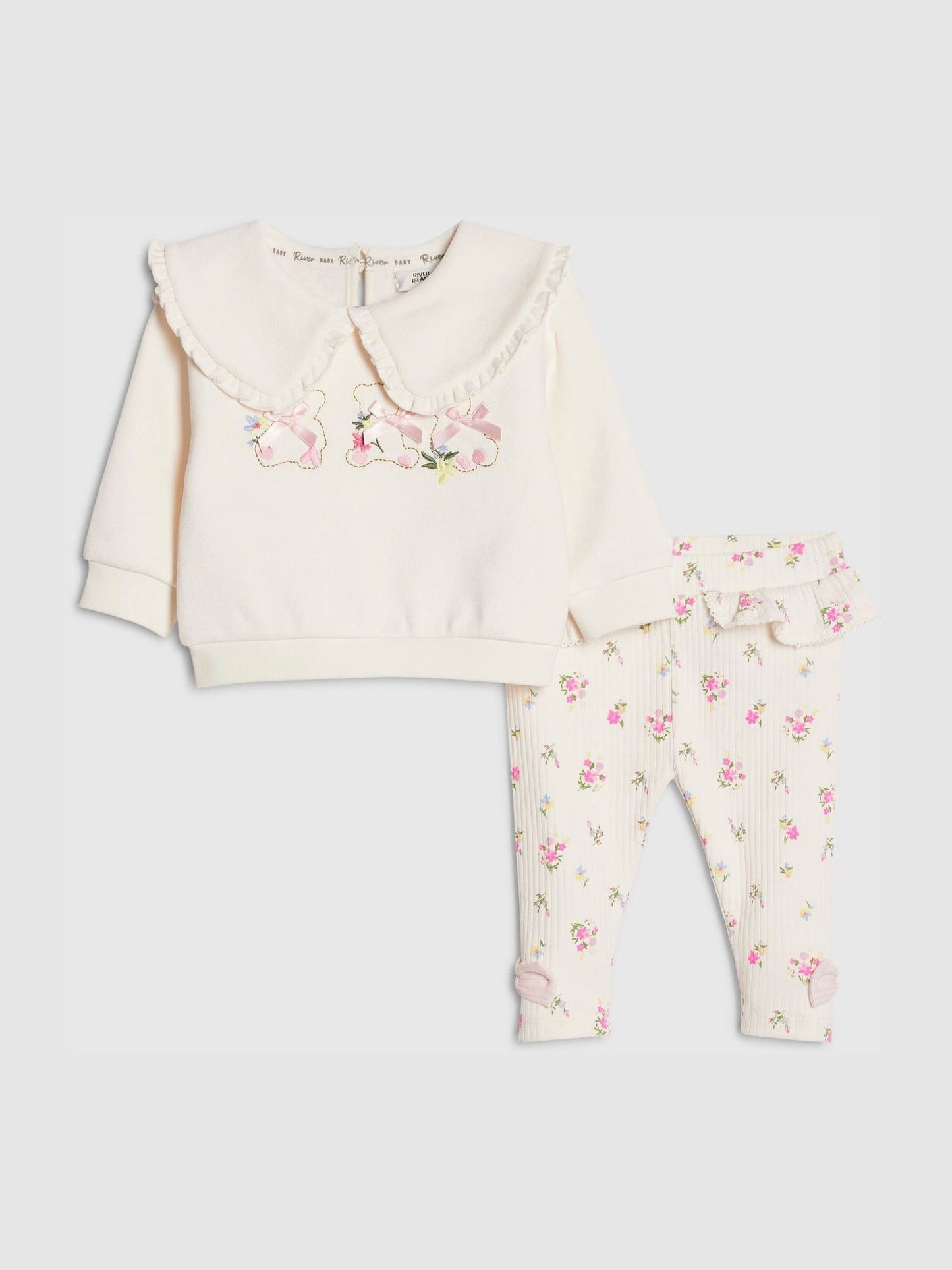 River Island Cream Collared Bear Sweatshirt & Ditsy Leggings Set image 1