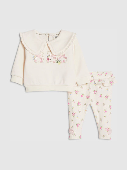 River Island Cream Collared Bear Sweatshirt & Ditsy Leggings Set image 1