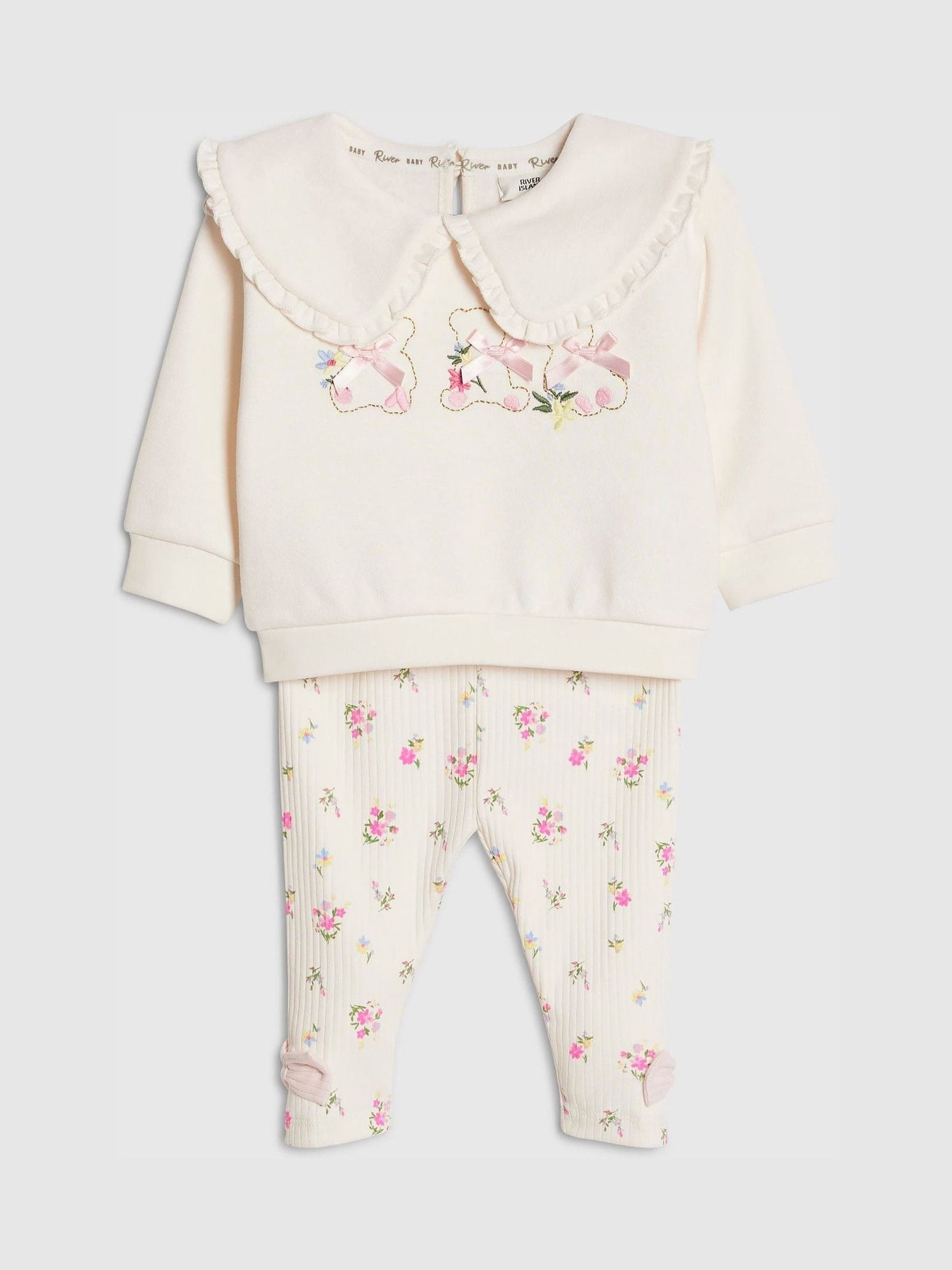 River Island Cream Collared Bear Sweatshirt & Ditsy Leggings Set image 3