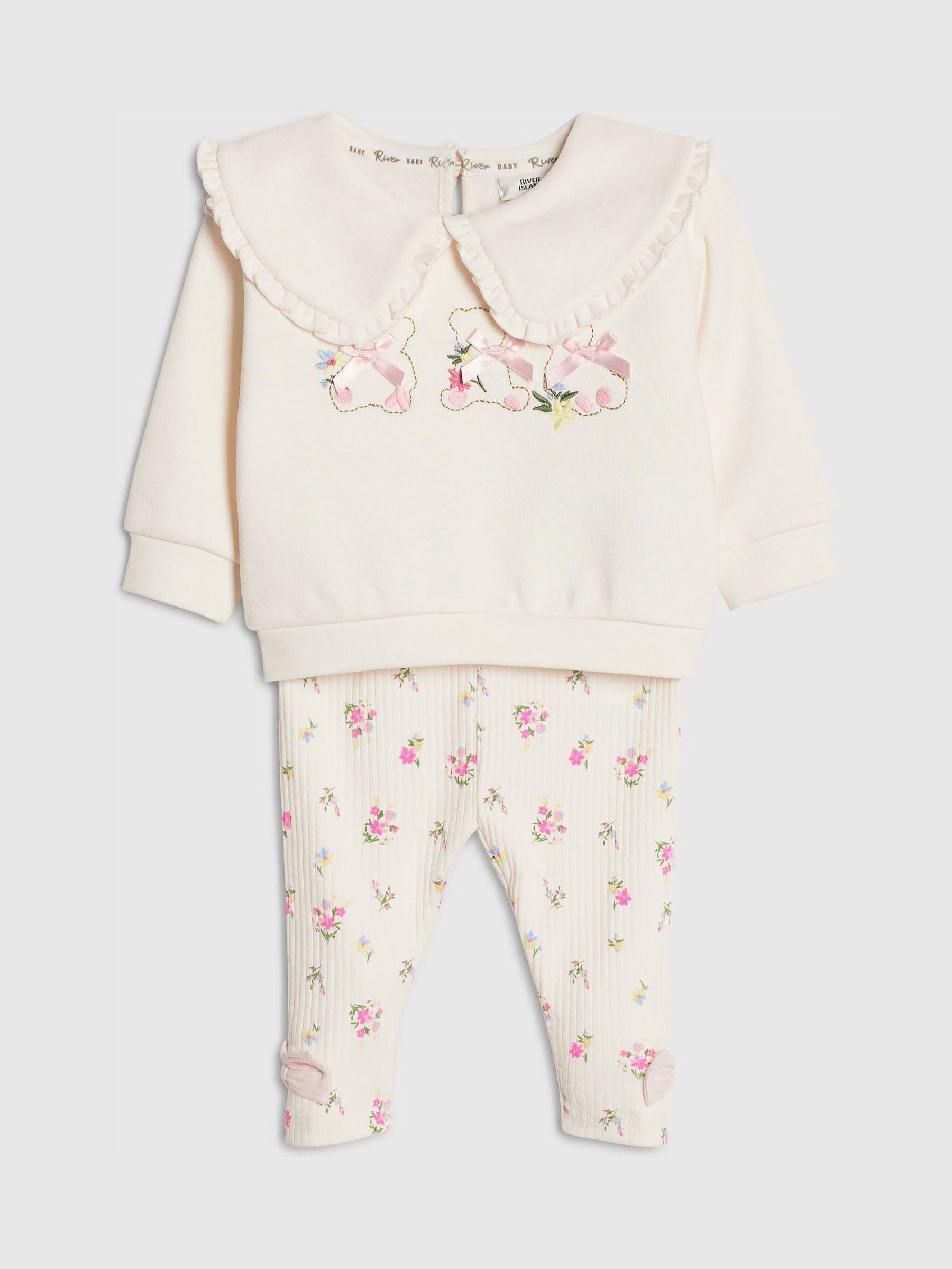 River Island Cream Collared Bear Sweatshirt & Ditsy Leggings Set image 3