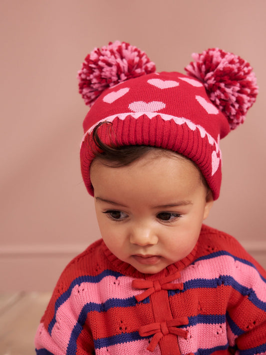 Dsiney Kidz - Red/Pink Heart Knitted Double Pom Baby Beanie image 1