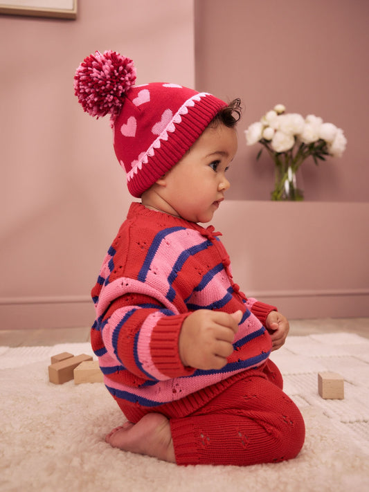 Dsiney Kidz - Red/Pink Heart Knitted Double Pom Baby Beanie image 2