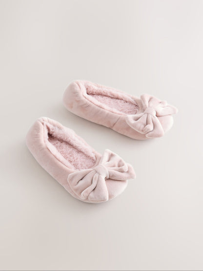 Pink Standard Fit (F) Velour Ballet Bow Slippers image 1