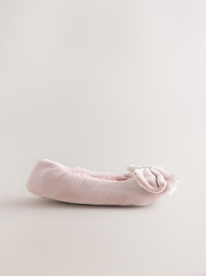 Pink Standard Fit (F) Velour Ballet Bow Slippers image 2
