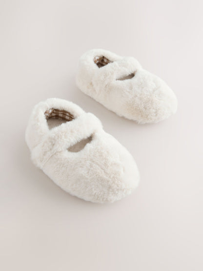 Neutral Faux Fur Mary Jane Slippers image 1