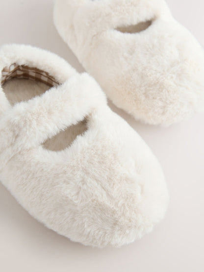 Neutral Faux Fur Mary Jane Slippers image 4