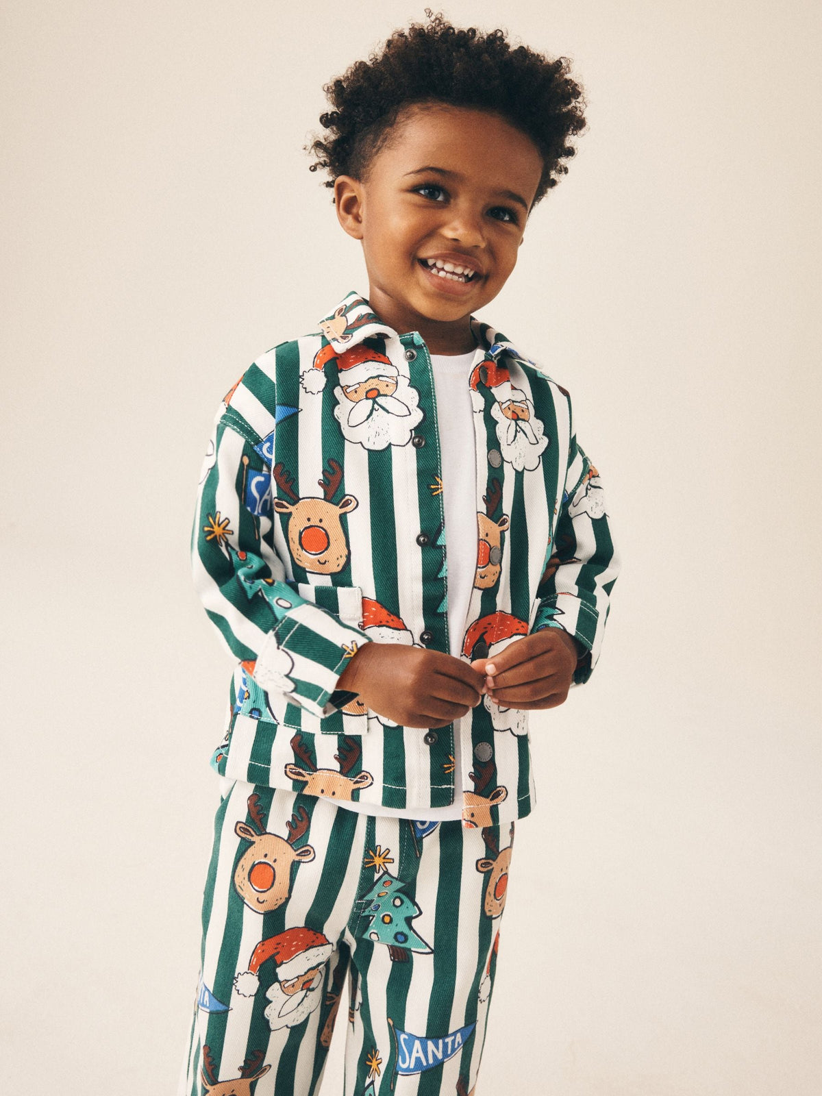 Green/Ecru Striped All Over Print Christmas Twill Printed Overshirt (3mths-7yrs) - image 1