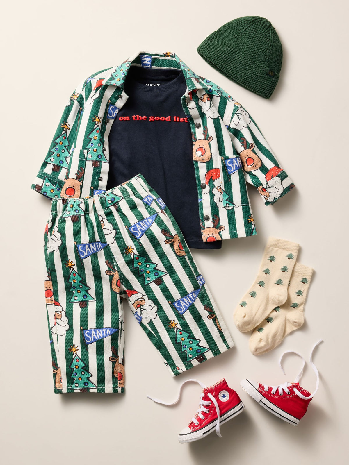 Green/Ecru Striped All Over Print Christmas Twill Printed Overshirt (3mths-7yrs) - image 2