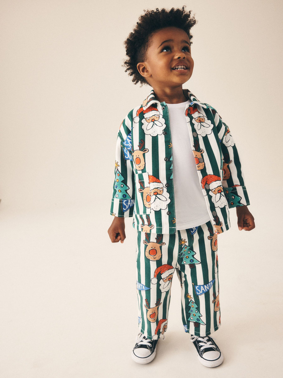Green/Ecru Striped All Over Print Christmas Twill Printed Overshirt (3mths-7yrs) - image 3