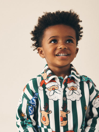 Green/Ecru Striped All Over Print Christmas Twill Printed Overshirt (3mths-7yrs) - image 5