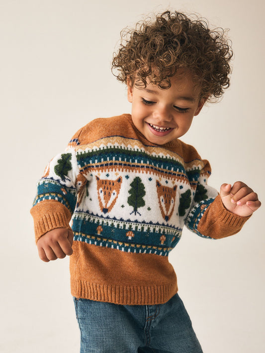 Brown/Cream Character Knitted Crew Neck Jumper (3mths-7yrs) - image 1