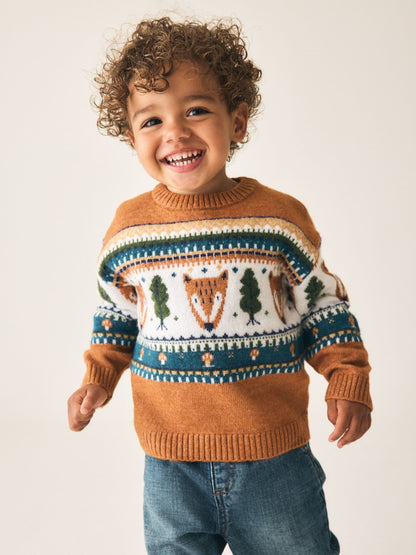 Brown/Cream Character Knitted Crew Neck Jumper (3mths-7yrs) - image 2