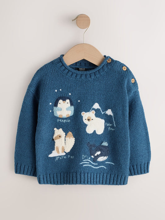 Navy Blue Arctic Character Knitted Crew Neck Jumper (3mths-7yrs) - image 1