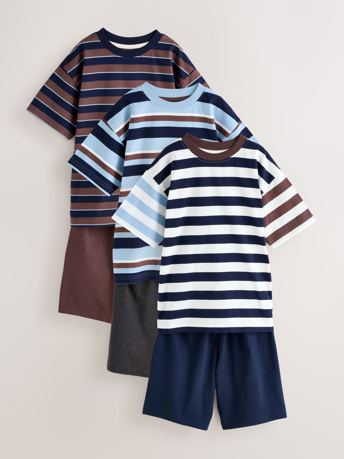 Blue/Brown/Ecru Stripe Short Pyjamas 3 Pack (3-16yrs) - image 1