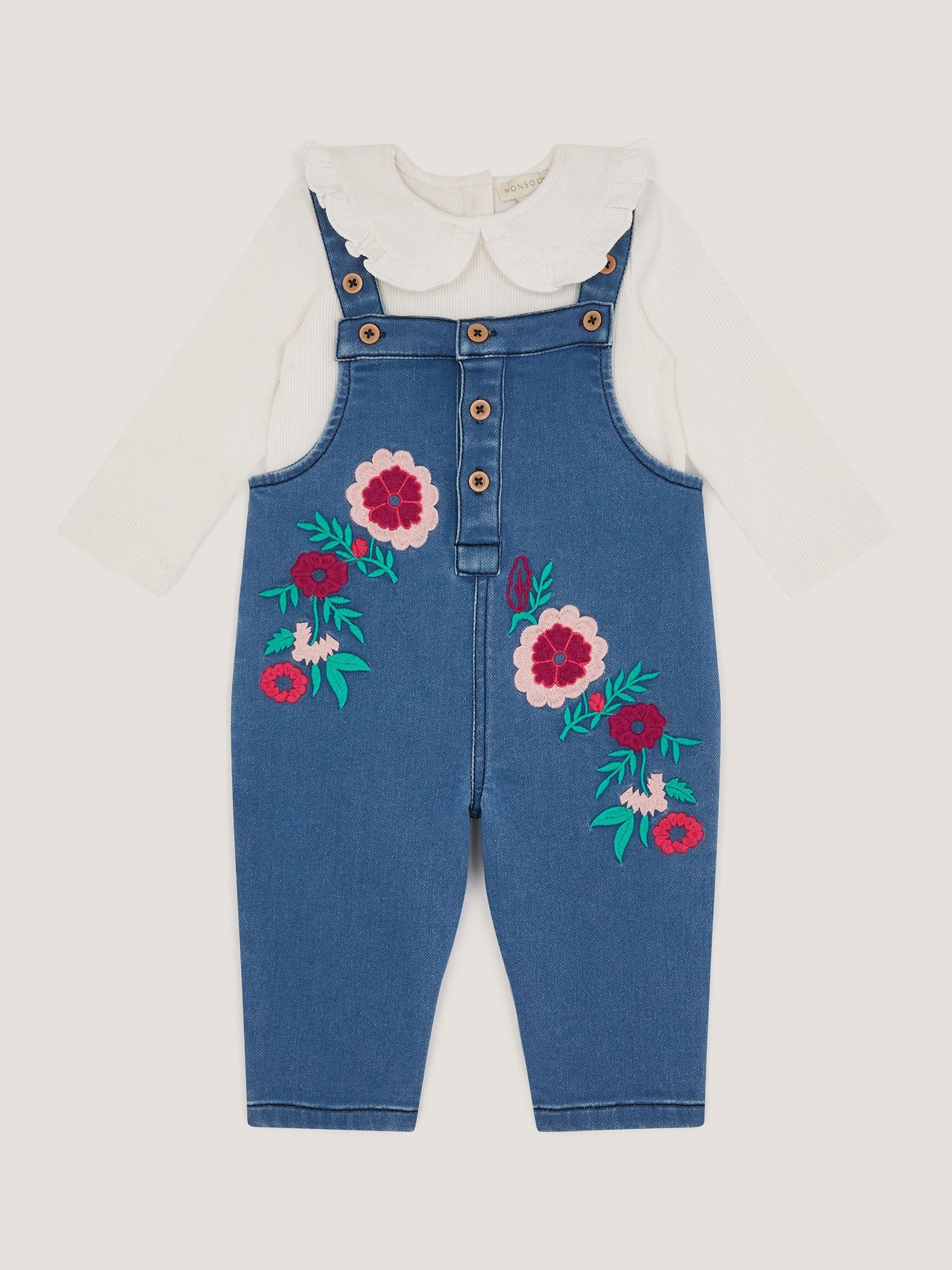 Monsoon Blue Baby Denim Dungaree & Rib Top Set image 1