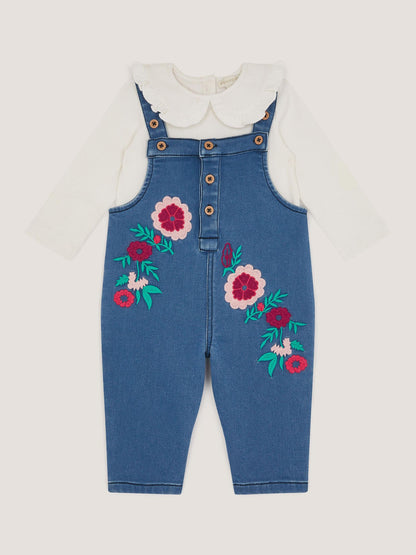 Monsoon Blue Baby Denim Dungaree & Rib Top Set image 1