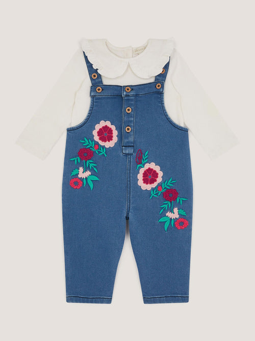 Monsoon Blue Baby Denim Dungaree & Rib Top Set image 1