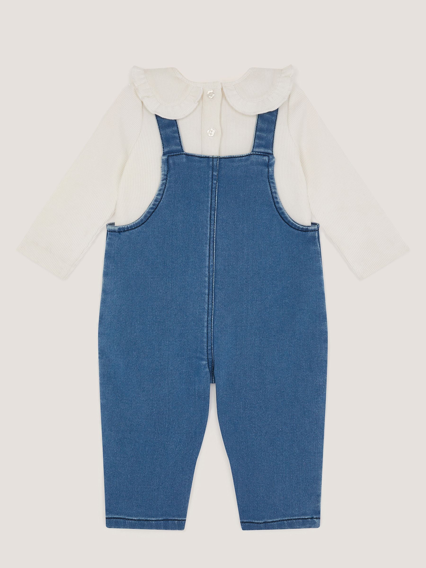 Monsoon Blue Baby Denim Dungaree & Rib Top Set image 2